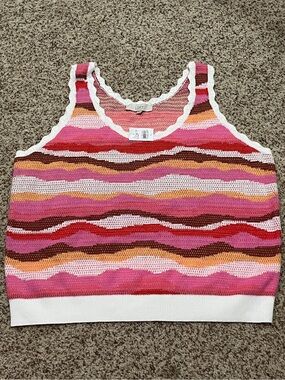 LOFT Multicolor Wavy Crochet Tank — Pink, White & Brown Stripes